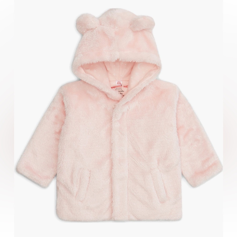 Magnetic Me Pink Plush Hooded Baby Jacket with Bear Ears
